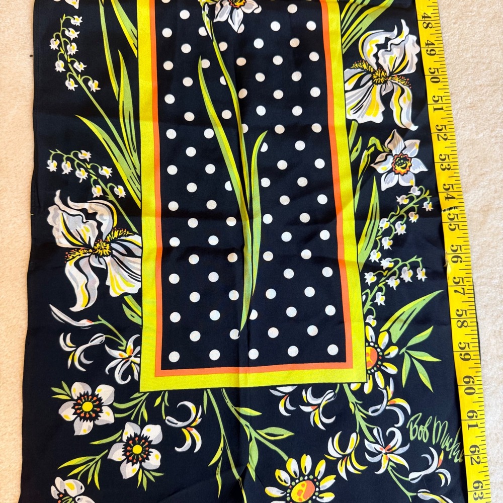 Bob Mackie Scarf OS Black Silk Polka Dot Floral Wearable Art Long Rectangle - Picture 7 of 10